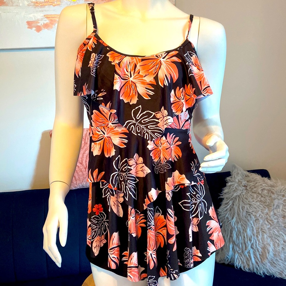 Tankini Swim Top black ruffled pink peach & white 20W Floral Flower EC